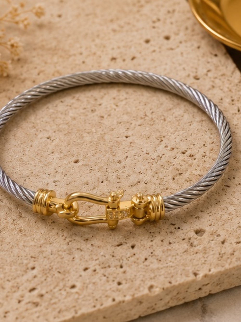 Designer Inspired Two-Tone Cable Cuff Bracelet with Gold Accents